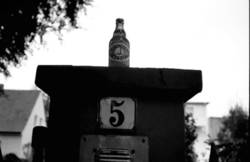 o.T., Auf einem Zaunpfeiler abgestellte Flasche Berliner Weiße