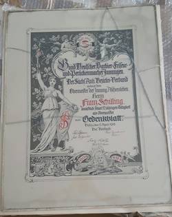 Gedenkblatt für die 12-jährige Tätigkeit als Obermeister für Franz Schilling