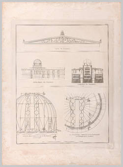 Entwurf zu der neuen Sternwarte in Berlin - Fronten, Seitenfassade, Durchschnitt der Sternwarte, Grundriß- und Ansicht der Drehkuppel;