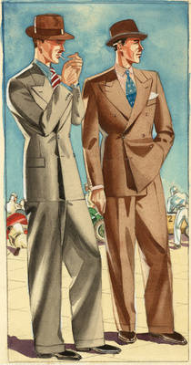 Herrenmodedarstellungen von Ruth Döring, zwei Herren in eleganten Anzügen