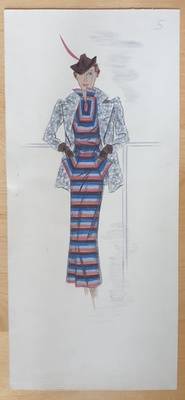 Modezeichnung: Figurine in einem Kleid mitBlockstreifen und grauem Blazer