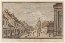 Vue d' une partie de la Rue dite la Mauer = Straße avec l' Eglise de la Trinité. Mit Dedikation an Baron von Werder.;