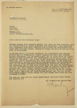Brief von Dr. Oscar Goetz an Direktor Rose vom 27.Oktober 1937;