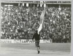o.T. Fußballfan mit Fahne auf dem Spielfeld des Olympiastadions
