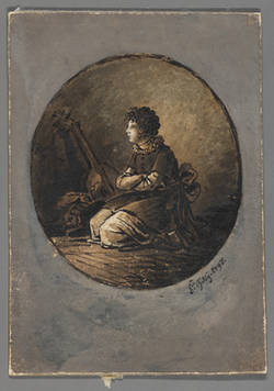 Medaillonbild mit kniender Frau