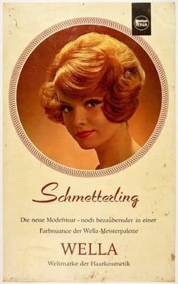 Werbeschild für die Modefrisur "Schmetterling" und Haarfarben von Wella