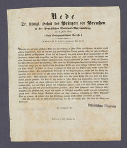 "Rede Sr. Königl[ichen]. Hoheit des Prinzen von Preußen in der Preußischen National-Versammlung am 8. Juni 1848."