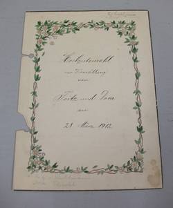 Menükarte zur Hochzeit von Fritz von Kuhlmann und Dora Riedel aus dem Nachlass der Familie Riedel