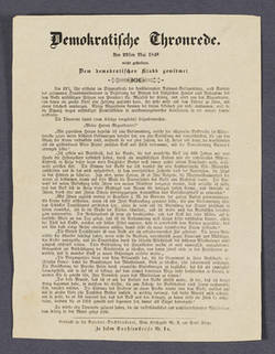 "Demokratische Thronrede. - Am 22sten Mai 1848 nicht gehalten. - Dem demokratischen Klubb gewidmet."