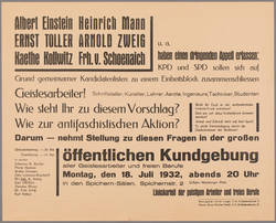 Albert Einstein Heinrich Mann Ernst Toller Arnold Zweig Kaethe Kollwitz Frh.v. Schoenaich u.a. haben .. Appell erlassen ...