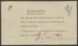 Bescheinigung über den Empfang von Theaterkarten für Hermann Göring