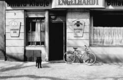 o.T., Kneipe "Billard-Klause" mit Werbung für Engelhardt-Bier und Charlottenburger Pilsner, davor ein Hund und ein Fahrrad