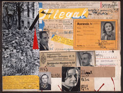 Album mit Erinnerungsstücken aus dem Leben in der Illegalität von Eva Kemlein mit Ausweisen, Fotos, Anschlagzetteln und Notizen von Eva Kemlein