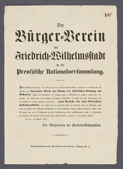 "Der Bürgerverein der Friedrich-Wilhelmstadt an die Preußische Nationalversammlung."