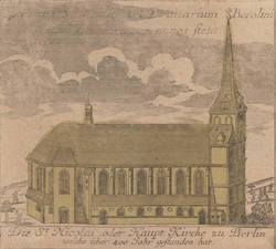 Die St. Nicolai oder Haupt Kirche zu Berlin, welche über 400 Jahre gestanden hat;