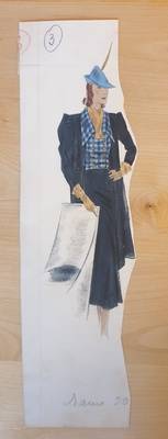 Modezeichnung: Figurine in dunkelblauem Kostüm mit langer Jacke und karierte Bluse