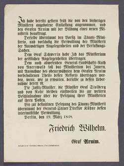 Bekanntmachung von Friedrich Wilhelm IV. über die Annahme der von Ministern angebotenen Entlassung - Maueranschlag