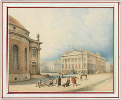 Blich an der Hedwigs-Kirche vorbei auf die Rückseite des Königlichen Opernhauses mit einem Durchblick auf die Kgl. Bibliothek.;
