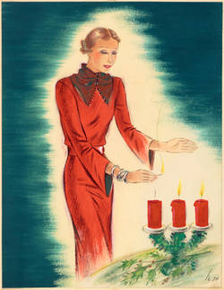 Modenzeichnung: Weihnachtliches Motiv, Dame in rotem Kleid entzündet Kerzen