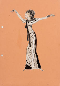 Frühe Entwurfszeichnung, Figurine in Phantasiekostüm, tanzend;