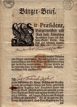 Bürgerbrief für Carl Friedrich Zelter.;