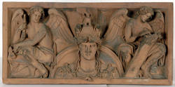 Büste der Athena, flankiert von zwei gefügelten Genien, Brüstungsplatte von der Berliner Bauakademie;