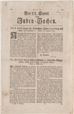 "Das III. Capitel von Juden-Sachen." Judenverordnung für die Mark Brandenburg der Jahre 1650-1696.
