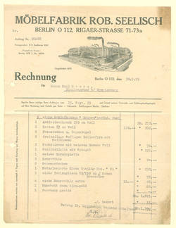 Rechnung der Möbelfabrik Rob. Seelisch, Berlin, Rigaer-Strasse 71-73a.