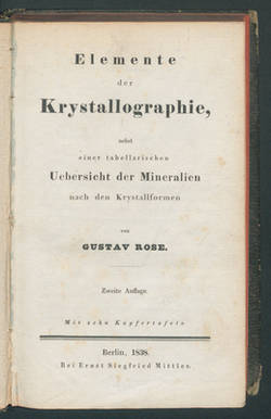 Elemente der Krystallographie, nebst einer tabellarischen Uebersicht der Mineralien nach den Krystallformen / von Gustav Rose. - 2. Aufl.