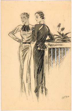 Modenzeichnung: Zwei Damen in Cocktailkleidern an einer Brüstung, schwarz/weiß. 
