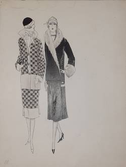 Modezeichnung im Atelier WKS von Rudolf Förster, Zwei Damen in Mantel und Kostüm