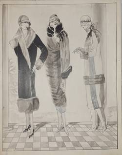 Modezeichnung im Atelier WKS von Rudolf Förster, drei Damen in Kostüm und Mänteln