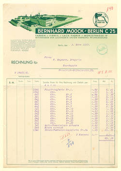 Rechnung von Bernhard Moock Lackfabrik an Firma F. Reymann, Drogerie, Neu-Ruppin - Friedrich-Wilhelm-Str. 29 