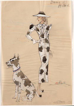 Modeentwurf, Dame im Dalmatinerlook und Hund;