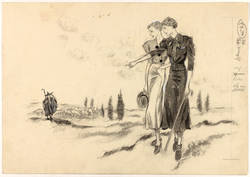 Modenzeichnung: Zwei Damen bei einem Spaziergang in ebener Landschaft
