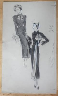 Modezeichnung: Zwei Figurinen in Nachmittagskleidern und Kopfputz