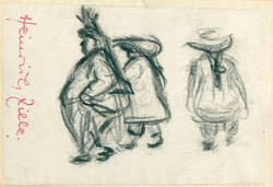 Skizze: Gruppe von 3 korpulenten Personen mit Hüten 