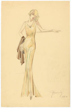 Modenzeichnung: Dame in eleganter Abendrobe, zart gestreiftes Kleid mit ockerbrauner Stola