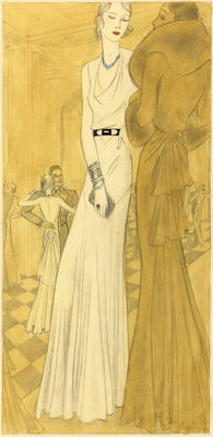Modenzeichnung: Damen bei einem Ball in eleganten Abendroben