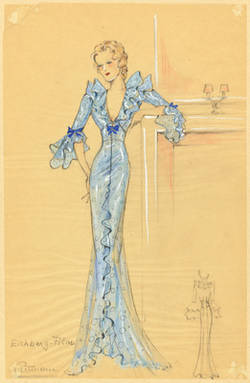 Kostümentwurf für den Film "Es geht um mein Leben" 1936, Tageskleid aus zartem hellblauem Material
