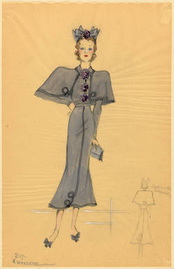 Kostümentwurf für den Film "Die göttliche Jette" 1937, Graues Kleid mit Pelerine