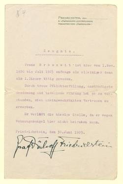 Zeugnis des Dieners Franz Broszeit, im Dienst vom 1. November bis Juli 1923