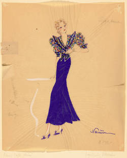 Kostümentwurf für den Film "Die göttliche Jette" 1937, geblümte Bluse mit königsblauem Rock
