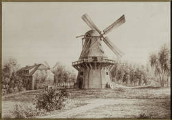 Reproduktion einer Handzeichnung: Grundstück Müller Straße 22 mit Windmühlen, um 1855;