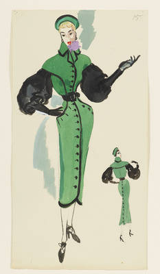 Modezeichnung: "Grünes Mantelkleid"
