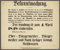 Bekanntmachung des Berliner Magistrats betreffend das „Preßfreiheitsgesetz“ und die Einberufung des Landtages am 4. April 1848