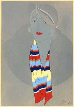 Modezeichnung: Kopf einer Dame mit bunt getsreiftem Schal