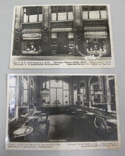 Zwei Fotopostkarten mit Ansichten des Salon Albert Knöffler in der Charlottenstr. 65 a