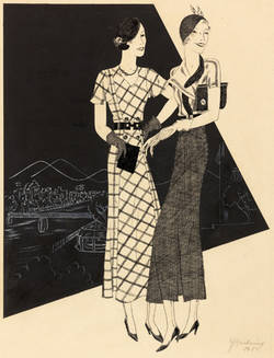 Modezeichnung: Zwei Figurinen in schwarz-weiß-gemusterten Kleidern vor teilweise schwarzem Hintergrund