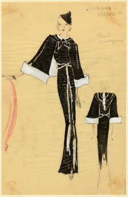 Kostümentwurf für Genia Nikolajewna, schwarzes Kleid mit Cape